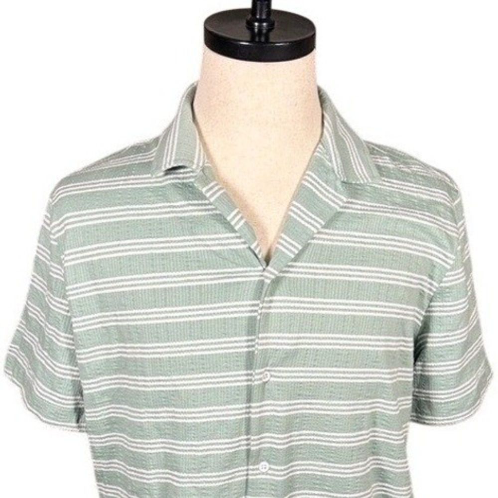Kenneth Cole New York Mens Sage Green Striped Textured Short Sleeve Shirt Small